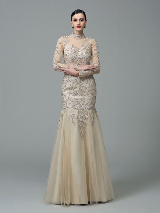 Sheath/Column High Neck Applique Long Sleeves Long Net Dresses - Prom Dresses
