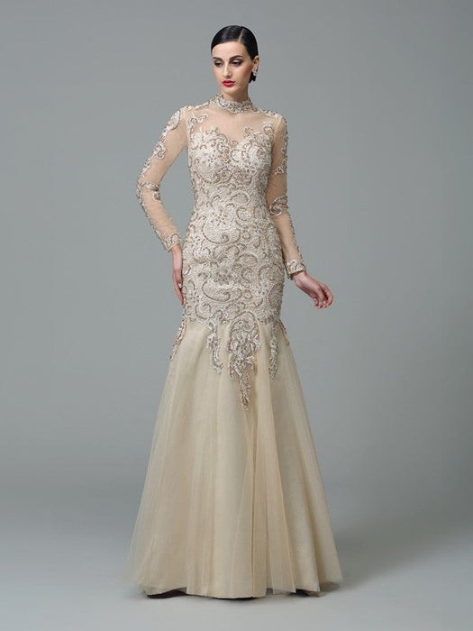 Sheath/Column High Neck Applique Long Sleeves Long Net Dresses - Prom Dresses