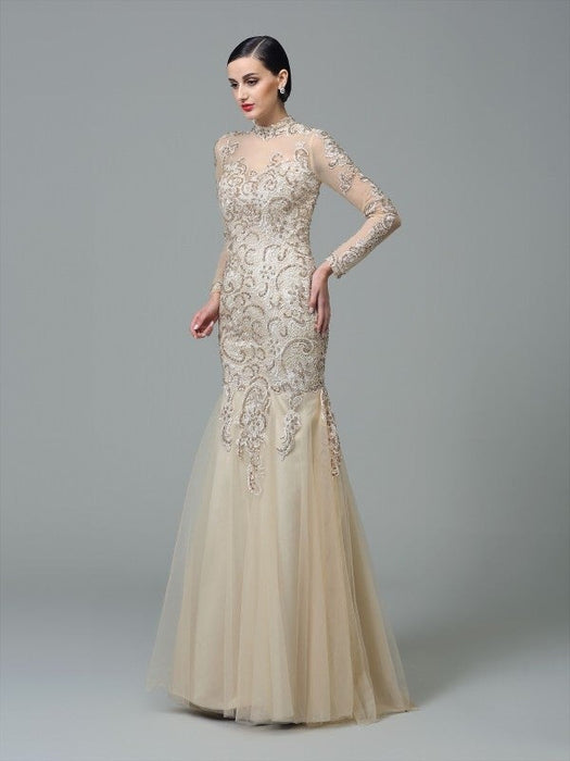 Sheath/Column High Neck Applique Long Sleeves Long Net Dresses - Prom Dresses