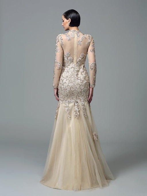 Sheath/Column High Neck Applique Long Sleeves Long Net Dresses - Prom Dresses