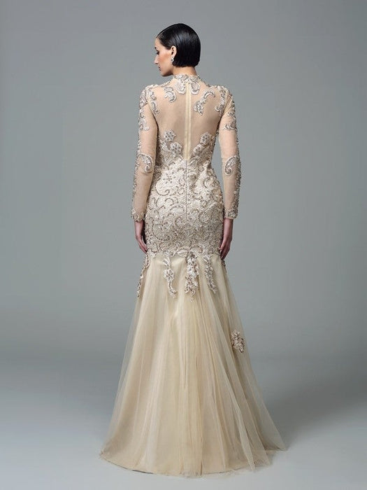 Sheath/Column High Neck Applique Long Sleeves Long Net Dresses - Prom Dresses