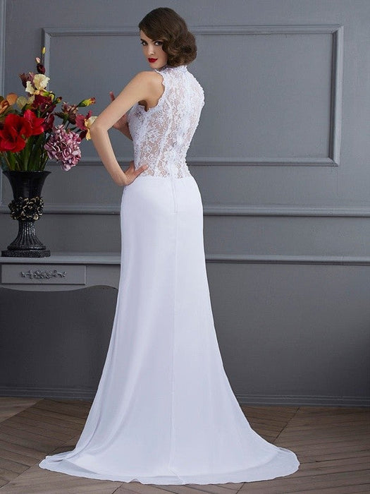 Sheath/Column High Neck Sleeveless Long Chiffon Dresses - Prom Dresses