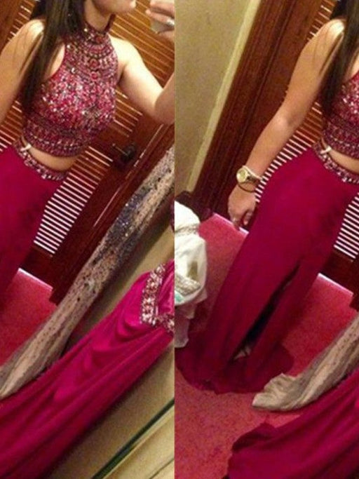 Sheath/Column Jewel Sleeveless Floor-Length Beading Chiffon Two Piece Dresses - Prom Dresses