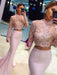 Sheath/Column Long Sleeves Lace Sweep/Brush Train High Neck Satin Two Piece Dresses - Prom Dresses