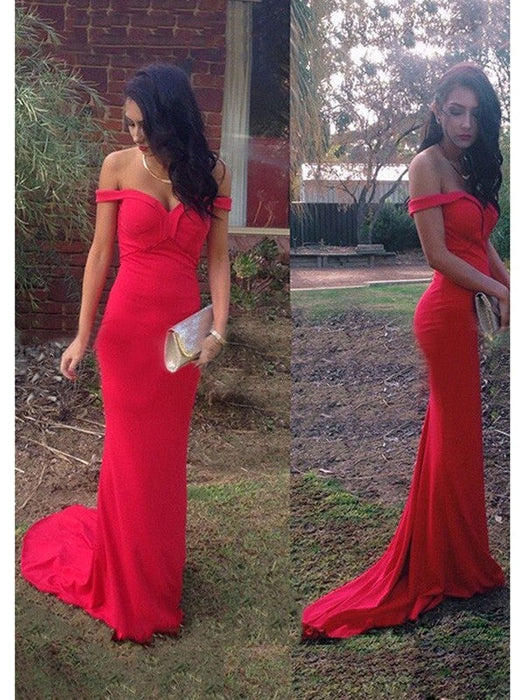 Sheath/Column Off-the-Shoulder Sleeveless Jersey Sweep/Brush Train Dresses - Prom Dresses