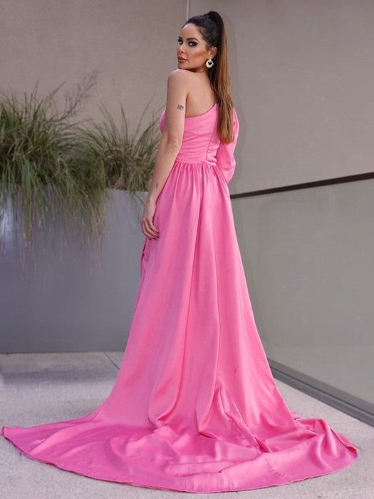 Sheath/Column One-Shoulder Long Sleeves Ruched Charmeuse Sweep/Brush Train Dresses - Prom Dresses