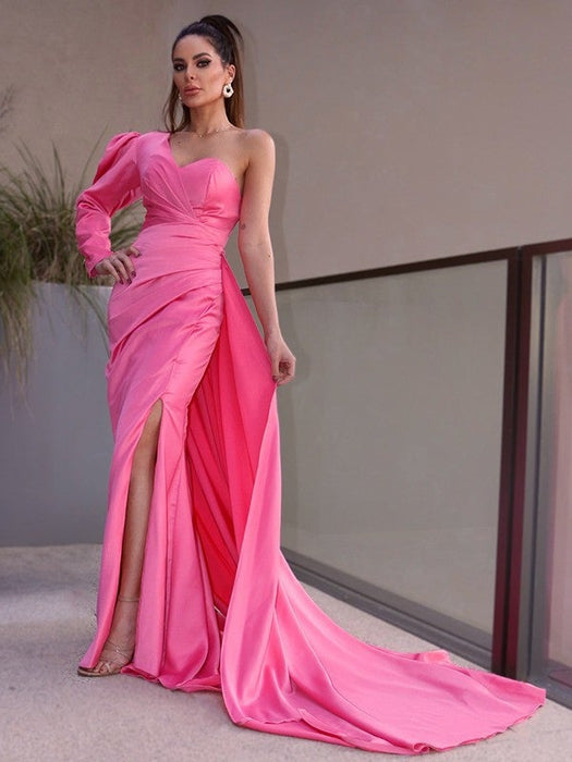 Sheath/Column One-Shoulder Long Sleeves Ruched Charmeuse Sweep/Brush Train Dresses - Prom Dresses