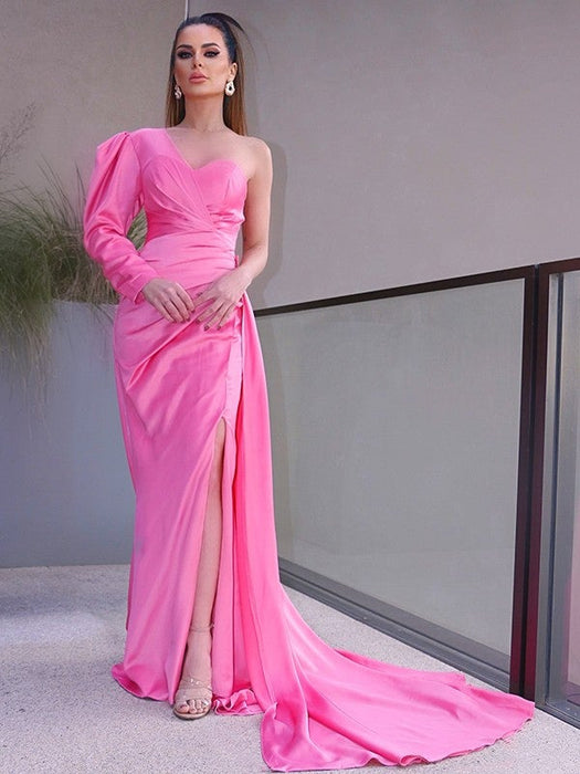 Sheath/Column One-Shoulder Long Sleeves Ruched Charmeuse Sweep/Brush Train Dresses - Prom Dresses