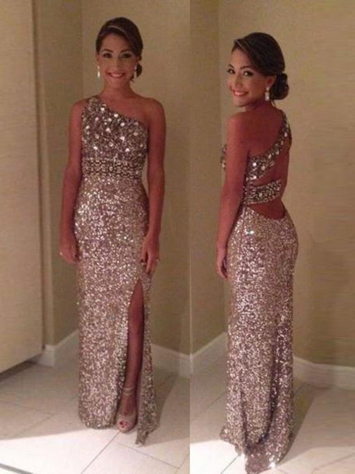 Sheath/Column One-Shoulder Sleeveless Sequins Floor-Length Dresses - Prom Dresses