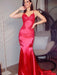Sheath/Column Silk like Satin Spaghetti Straps Sleeveless Sweep/Brush Train Applique Dresses - Prom Dresses