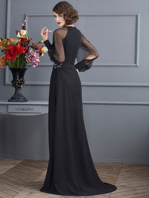 Sheath/Column Scoop Long Sleeves Beading Long Chiffon Dresses - Prom Dresses