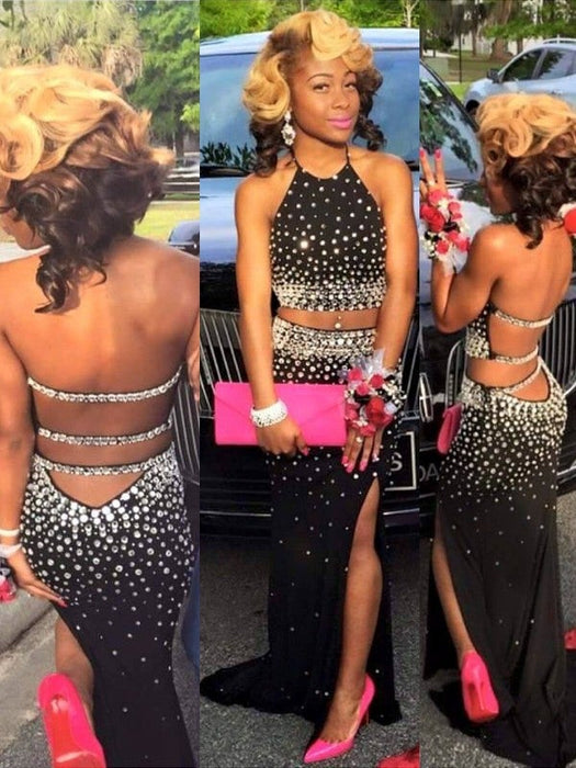 Sheath/Column Sleeveless Halter Beading Sweep/Brush Train Chiffon Two Piece Dresses - Prom Dresses