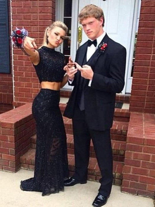 Sheath/Column Sleeveless High Neck Lace Sweep/Brush Train Two Piece Dresses - Prom Dresses