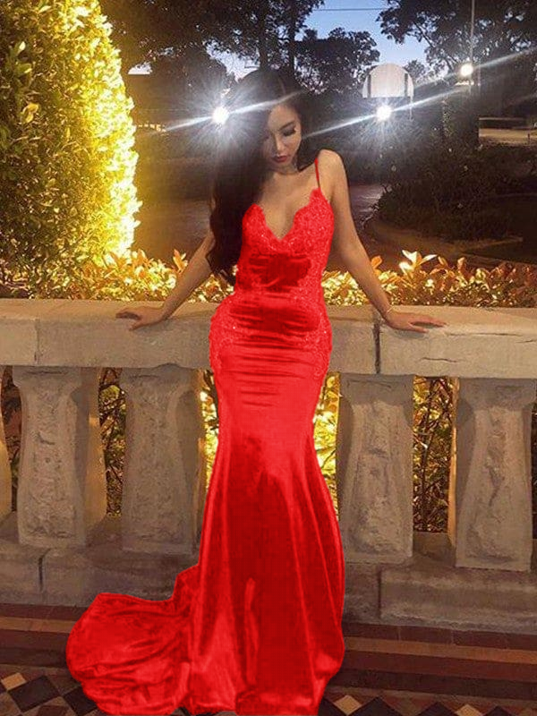 Sheath Sleeveless Sweep Train Satin Dresses On Sale-Bridelily