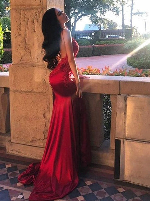 Sheath/Column Sleeveless Spaghetti Straps Sweep/Brush Train Applique Silk like Satin Dresses - Prom Dresses