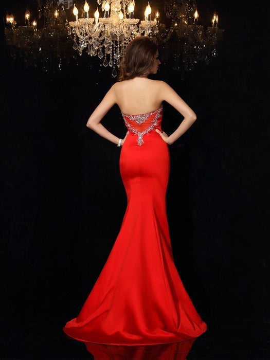 Sheath/Column Sweetheart Beading Sleeveless Long Satin Dresses - Prom Dresses
