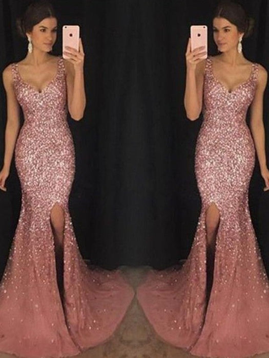 Sheath/Column Sweetheart Sleeveless Sweep/Brush Train Sequin Tulle Dresses - Prom Dresses
