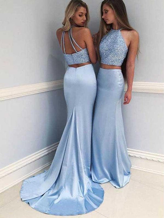 Sheath Halter Sleeveless Sweep/Brush Train With Beading Satin Two Piece Dresses - Prom Dresses