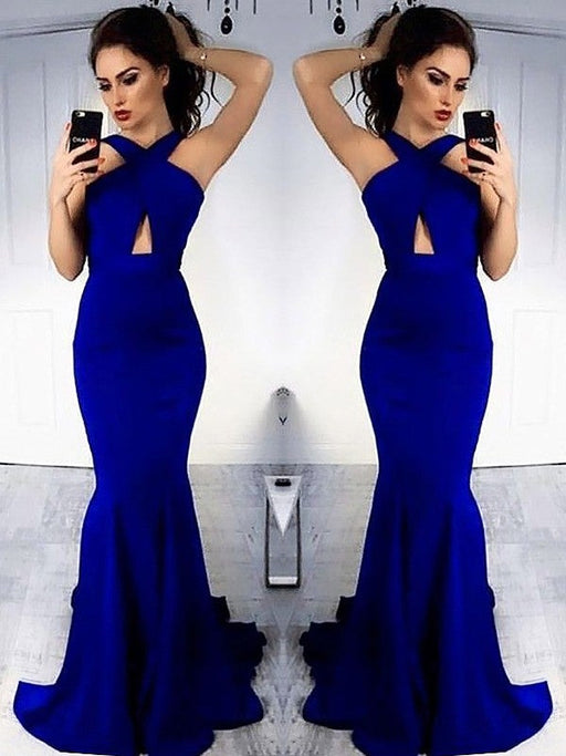 Sheath Halter Sleeveless Sweep/Brush Train With Ruched Satin Dresses - Prom Dresses