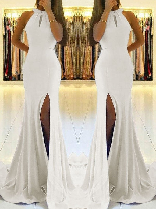 Sheath Halter Sleeveless Sweep/Brush Train With Ruffles Stretch Crepe Dresses - Prom Dresses