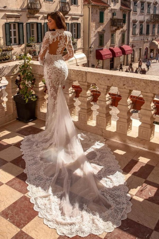 Sheath High Neck Long Sleeves Mermaid Wedding Dress with Train - wedding dress