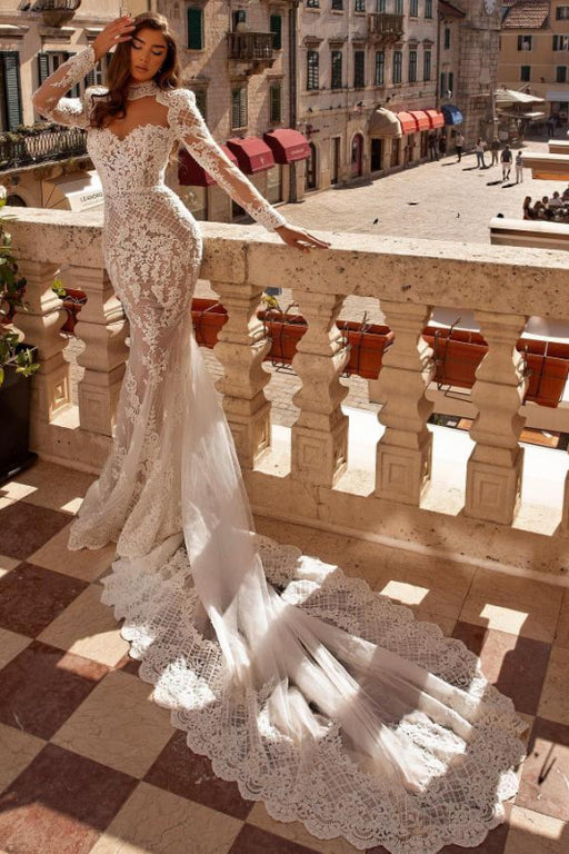 Sheath High Neck Long Sleeves Mermaid Wedding Dress -Bridelily Sheath High Neck Long Sleeves Mermaid Wedding Dress -Bridelily