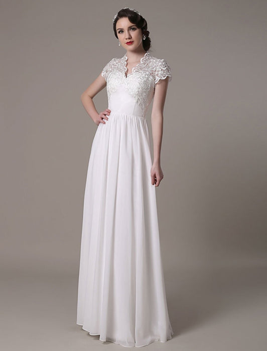 Sheath Wedding Dress V-Neck Lace Chiffon Pleated Floor Length Bridal Dress misshow