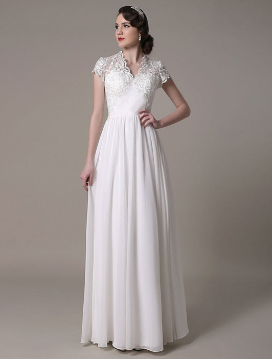 Sheath Wedding Dress V-Neck Lace Chiffon Pleated Floor Length Bridal Dress misshow
