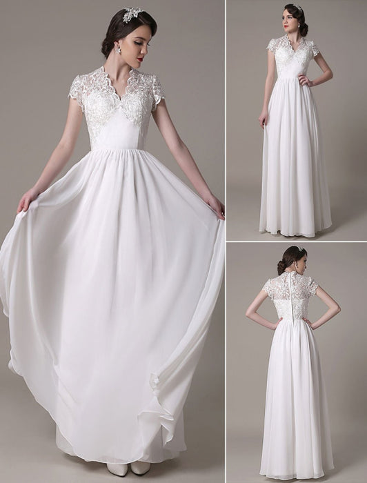 Sheath Wedding Dress V-Neck Lace Chiffon Pleated Floor Length Bridal Dress misshow