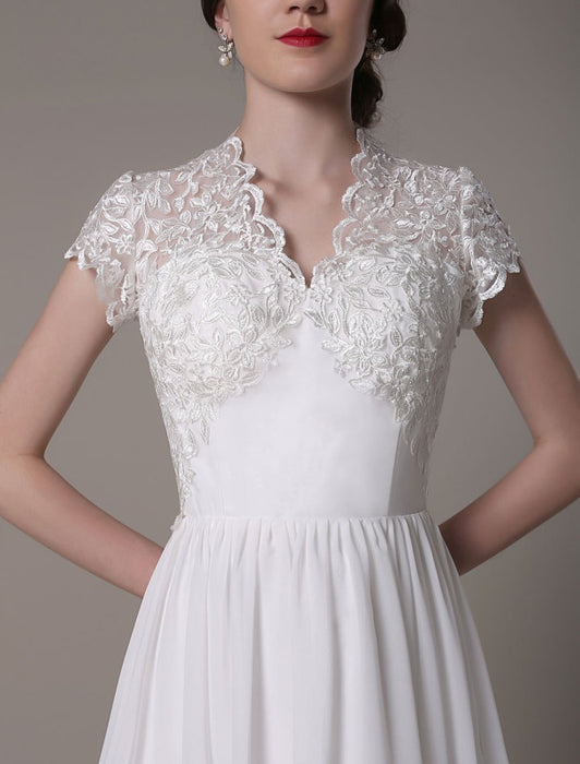 Sheath Wedding Dress V-Neck Lace Chiffon Pleated Floor Length Bridal Dress misshow