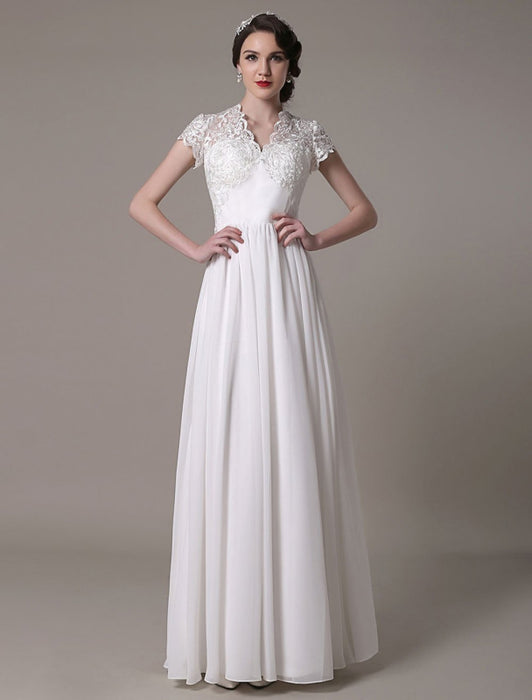 Sheath Wedding Dress V-Neck Lace Chiffon Pleated Floor Length Bridal Dress misshow