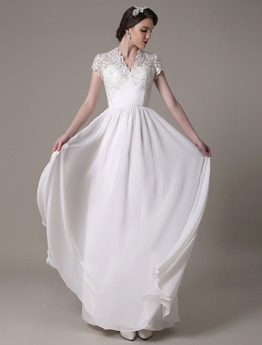 Sheath Wedding Dress V-Neck Lace Chiffon Pleated Floor Length Bridal Dress misshow
