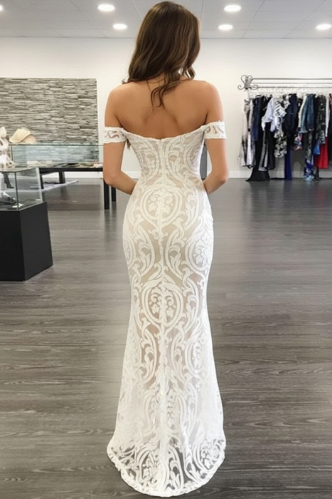Sheath Off-Shoulder Prom Long Formal Dress Lace Evening Gown with Split - Prom Dresses