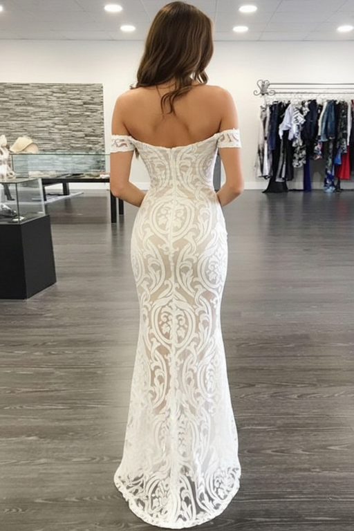 Sheath Off-Shoulder Prom Long Formal Dress Lace Evening Gown with Split - Prom Dresses