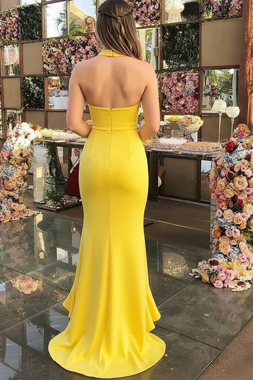 Sheath Sleeveless Halter Floor-Length With Ruffles Satin Dresses - Prom Dresses