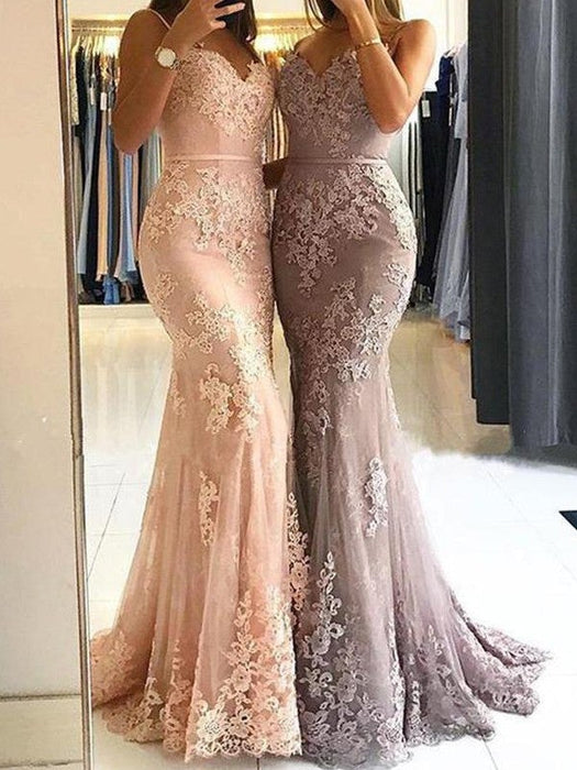 Sheath Spaghetti Straps Sleeveless Sweep/Brush Train With Lace Tulle Dresses - Prom Dresses