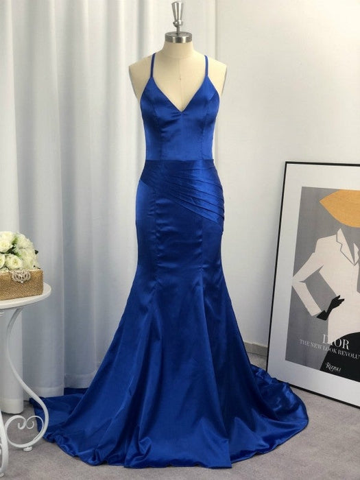 Sheath V-neck Sleeveless Sweep/Brush Train With Ruched Elastic Woven Satin Dresses - Prom Dresses