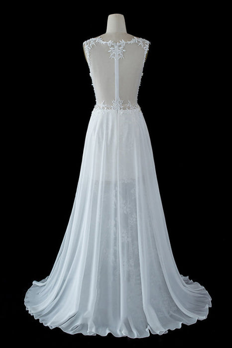 Sheer Split Tulle A-line Wedding Dress with Modern Straps and Lace