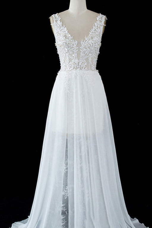 Sheer Split Tulle A-line Wedding Dress with Modern Straps and Lace