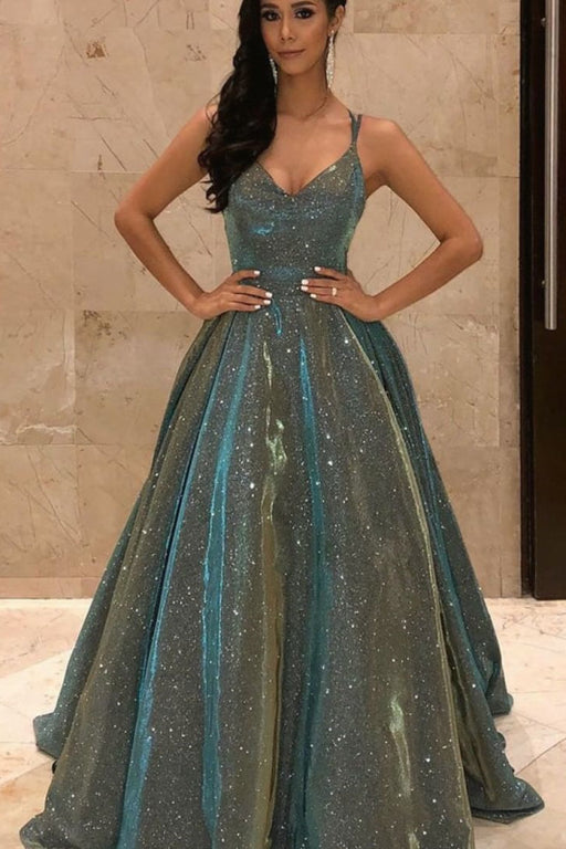 Shimmering Spaghetti-Straps V-Neck Long Sleeveless Sequined Prom Dress