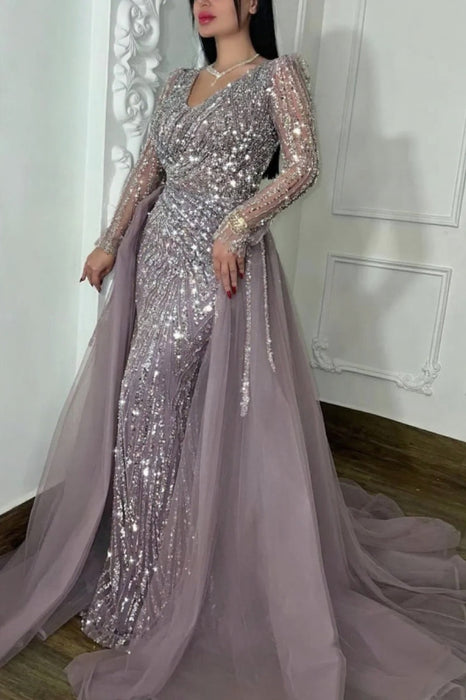 Shining Long Sleeves V-Neck Mermaid Beaded Prom Dress