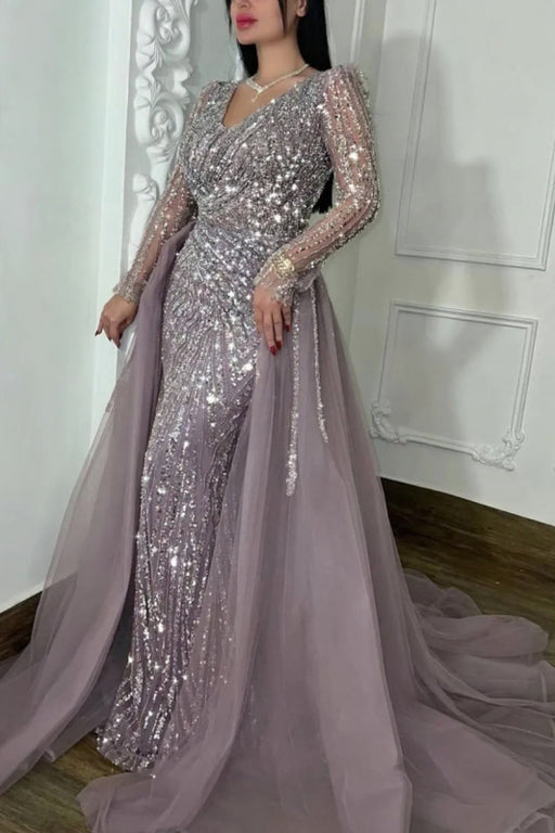 Shining Long Sleeves V-Neck Mermaid Beaded Prom Dress