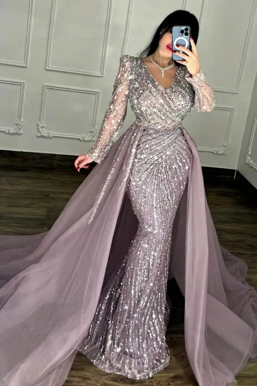 Shining Long Sleeves V-Neck Mermaid Beaded Prom Dress