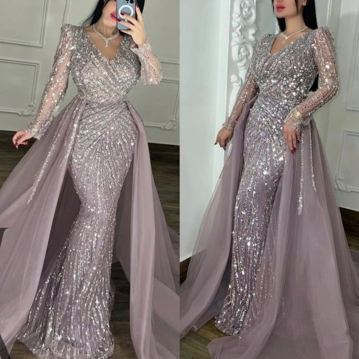 Shining Long Sleeves V-Neck Mermaid Beaded Prom Dress