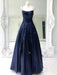 Shiny A Line Open Back Navy Blue Long Prom Dresses, y Backless Navy Blue Formal Evening Dresses