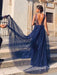 Shiny A Line V Neck and V Back Navy Blue Long Prom Dresses, y V Neck Backless Navy Blue Formal Graduation Evening Dresses