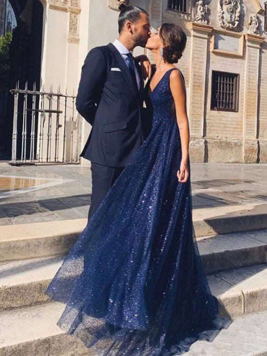 Shiny A Line V Neck and V Back Navy Blue Long Prom, Sparkly V Neck Bac Bridelily Shiny A Line V Neck and V Back Navy Blue Long Prom, Sparkly V Neck Bac Bridelily