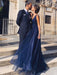 Shiny A Line V Neck and V Back Navy Blue Long Prom Dresses, y V Neck Backless Navy Blue Formal Graduation Evening Dresses