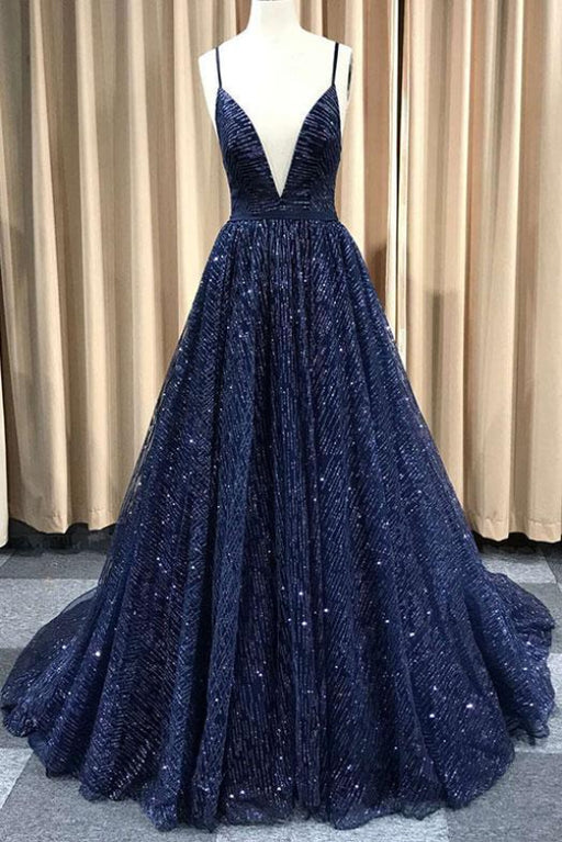 Shiny A Line V Neck Navy BlueRedChampagne Prom Dresses, Shiny V Neck Formal Graduation Dresses
