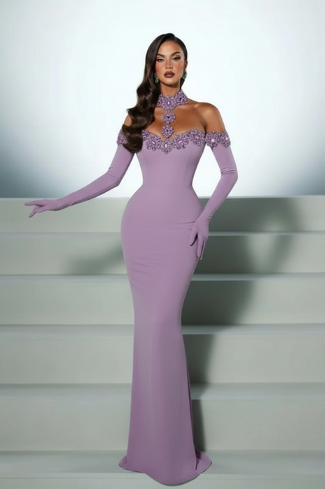 Lavender Shiny Halter Sequined Prom Dress Mermaid with Crystals